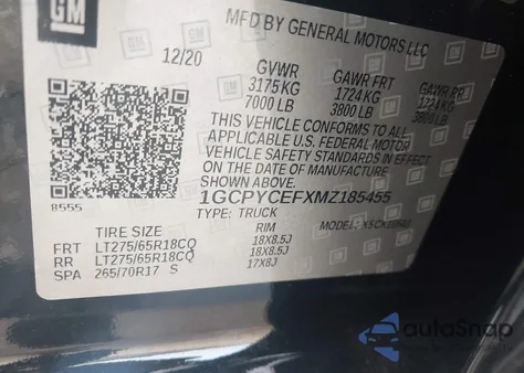 2021 Chevrolet Silverado 1500 4Wd Short Bed Custom Trail Boss z USA, uszkodzony, nr VIN 1GCPYCEFXMZ185455